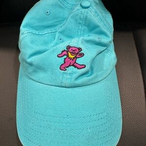 Turquoise Hat with Grateful Dead Pink Dancing Bear Embroidery
